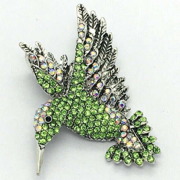 Green HUMMINGBIRD Rhinestone Necklace Pndt Brooch - Picture 5 of 7